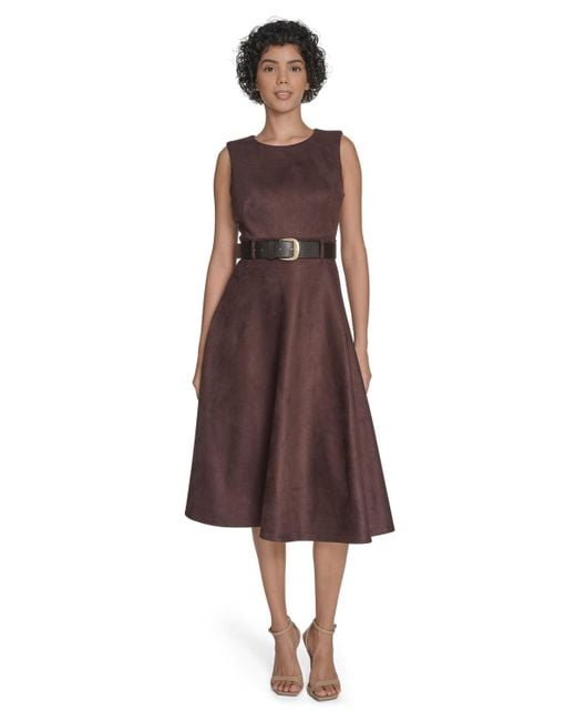Calvin Klein Belted Midi Dress in Brown | Lyst