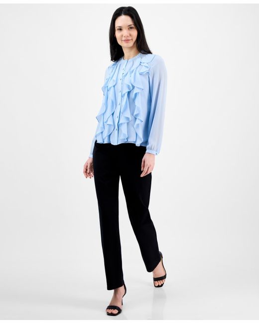 Anne Klein Blue Ruffle-front Button-front Blouse