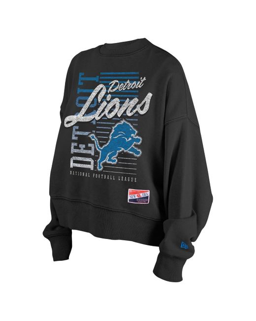 KTZ Black Detroit Lions Oversized Throwback Mineral Wash Crew Neck Sweatshirt