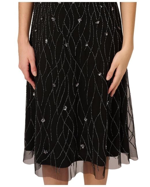 Adrianna Papell Black Beaded Flutter-sleeve Midi Dress
