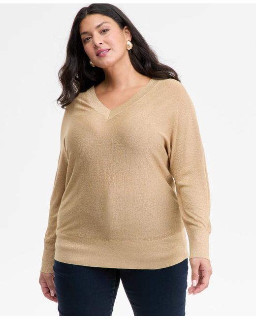 INC International Concepts Natural Plus Size V-neck Dolman-sleeve Sweater