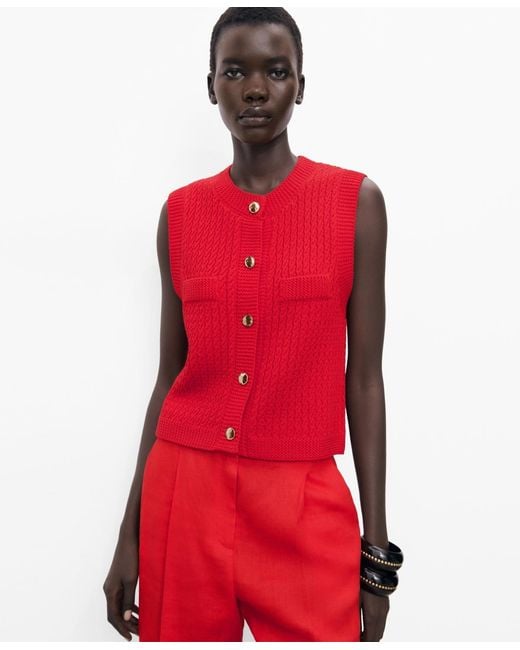 Mango Red Buttoned Chunky-knit Vest