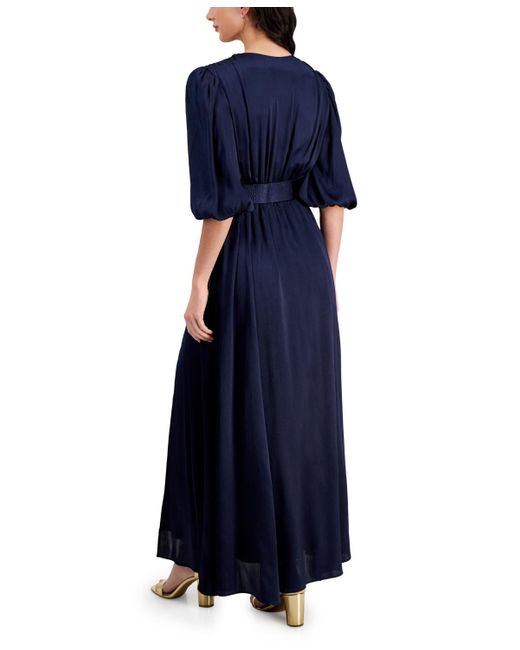 Taylor Blue Belted Satin Crinkle Crepe Dress