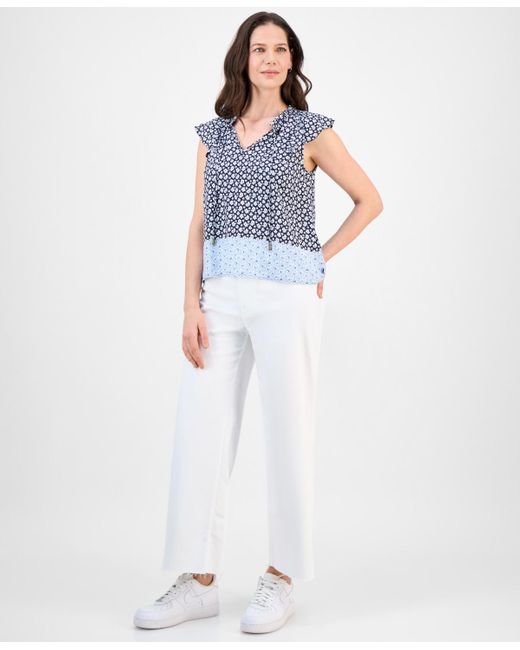 Nautica Blue Floral-print Flutter-sleeve Blouse