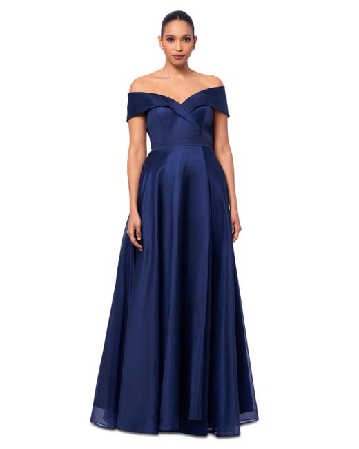 Xscape Blue Petite Off-the-shoulder Organza Gown