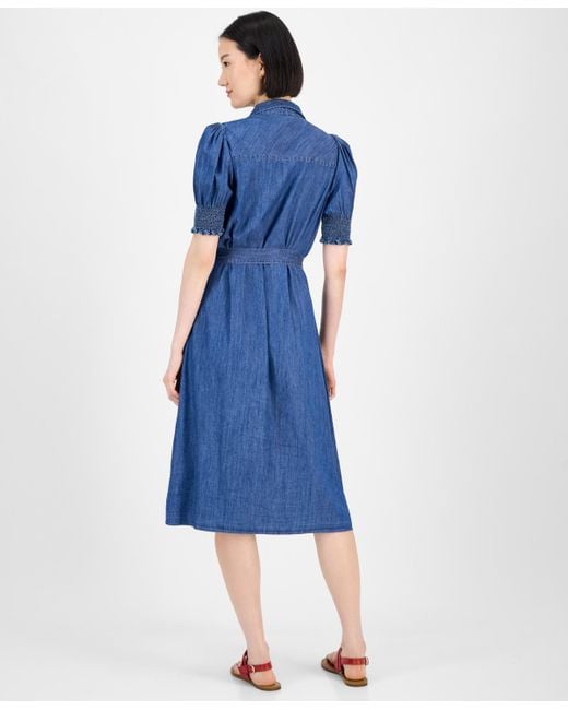 Tommy Hilfiger Blue Chambray Puff-sleeve Midi Dress