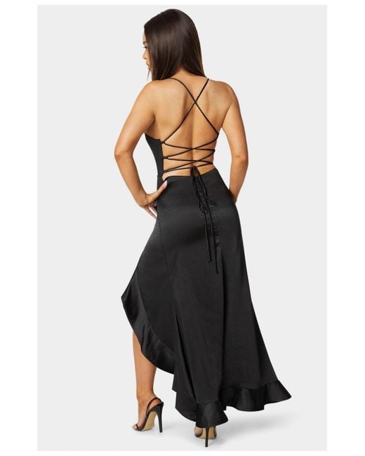 Bebe Black Satin Ruffle Maxi Lace Up Back