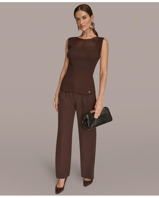 Donna Karan Brown Mesh Detail Sleeveless Knit Top