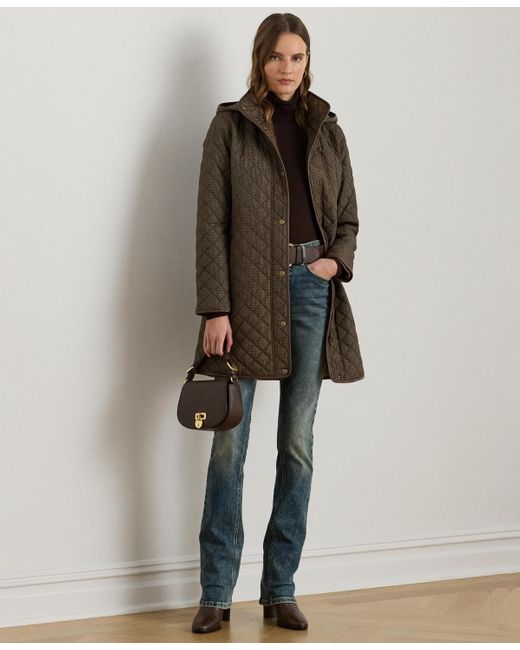 Ralph Lauren Brown Petite Hooded Quilted Faux-suede-trim Coat