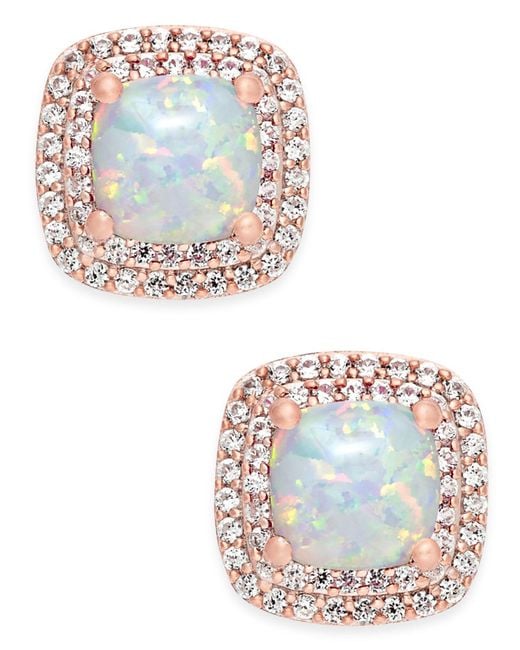 Macy's Metallic Lab-created Opal (3/4 Ct. T.w.) And White Sapphire (1/3 Ct. T.w.) Square Stud Earrings In 14k Rose Gold-plated Sterling Silver
