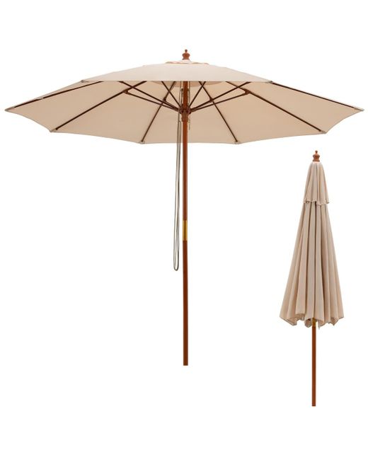 COSTWAY White 9.5 Ft Patio Rope Pulley Wooden Umbrella Market W/fiberglass Ribs Outdoor