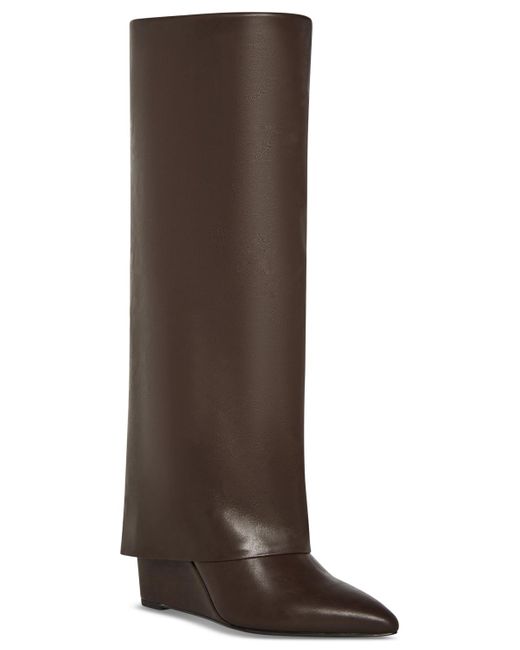 Madden Girl Brown Evander Wide-calf Fold-over Cuffed Knee High Wedge Dress Boots
