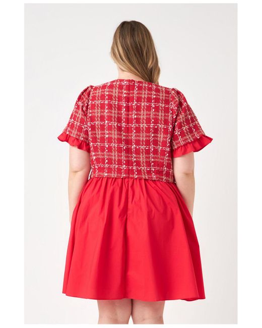 English Factory Plus Size Mixed Media Tweed Poplin Mini Dress in Red Lyst