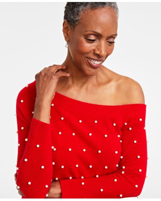 Charter Club 100% Cashmere Embellished One-shoulder Sweater, Created For  Macy's in Red | Lyst