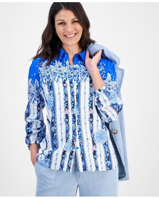 Tahari Blue Placed-floral Button-down Blouse