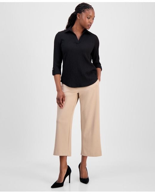 Anne Klein Essentials Black Petite Textured Split-neck Top