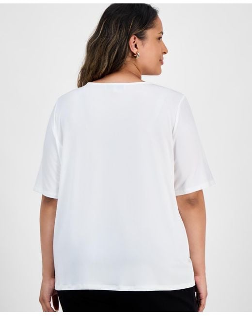 Kasper White Plus Size Elbow-sleeve Pleated-neck Top