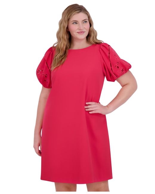Vince Camuto Red Plus Size Puff-sleeve Stretch Crepe Shift Dress