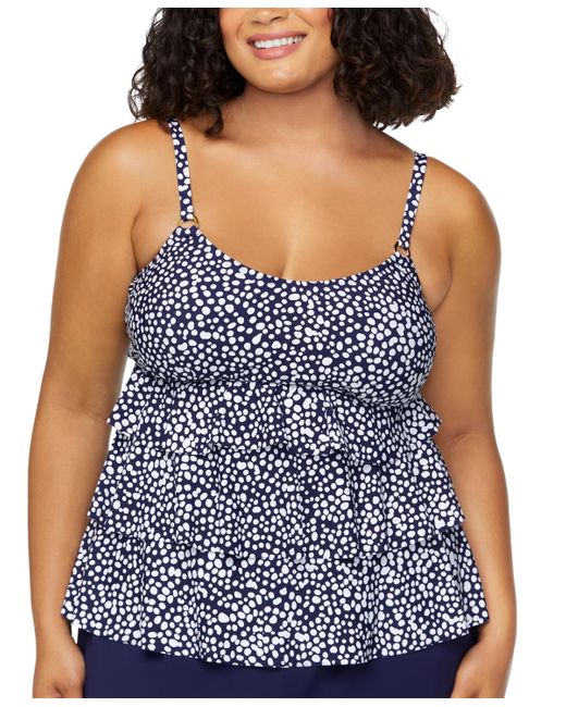 Island Escape Blue Plus Size Dot-print Tiered Tankini Top