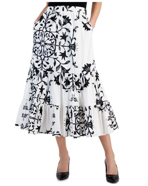 Tahari White Printed Pull-on Tiered Midi Skirt