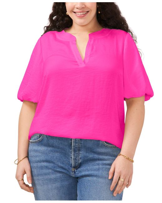 Vince Camuto Pink Plus Size Split-neck Puffed-sleeve Top