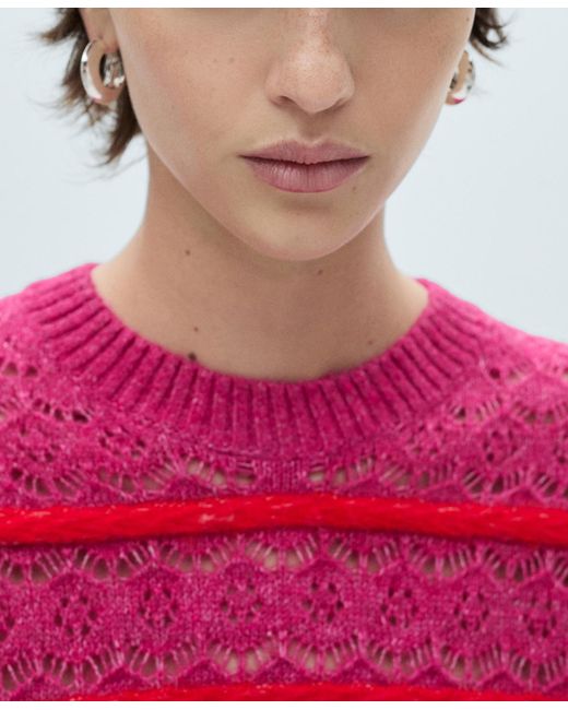 Mango Red Two-tone Openwork Sweater
