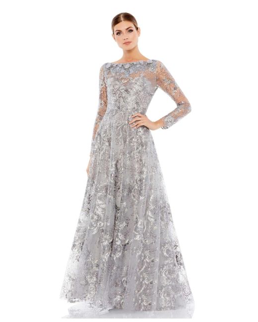 Mac Duggal White Floral Embroidered Illusion Long Sleeve Gown