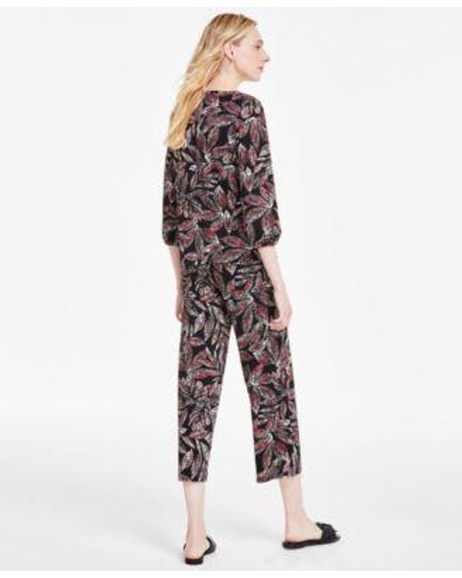 Jones New York White Printed Moss Crepe Button Shoulder Top Wide Leg Pull On Pants