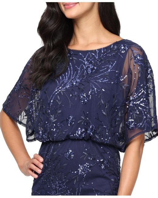 Sl Fashions Women's Blue Petite Sequined Blouson Dress