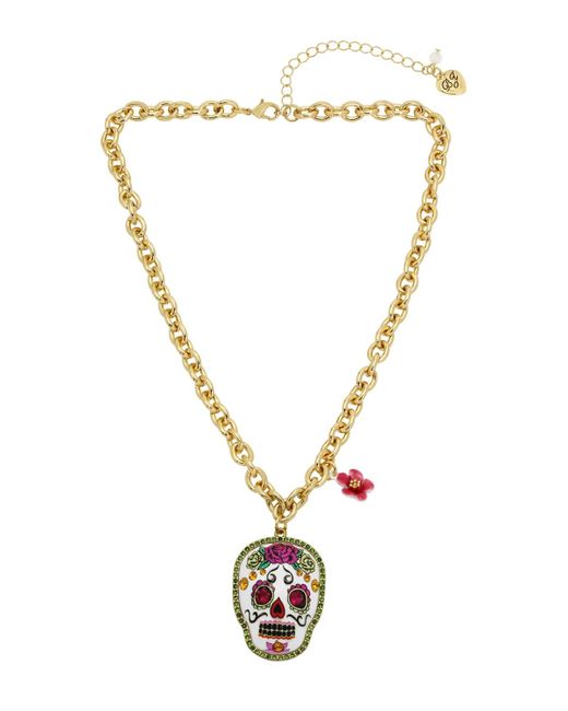 Betsey Johnson Metallic Faux Stone Sugar Skull Pendant Necklace