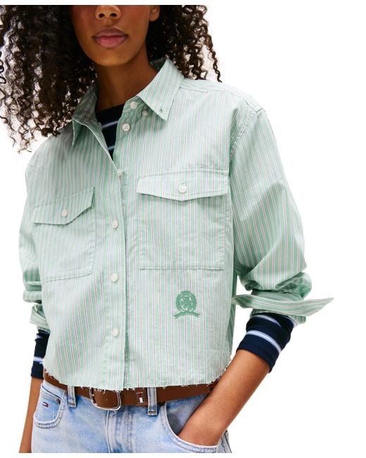 Tommy Hilfiger Blue Cotton Crop Button-front Crest Shirt