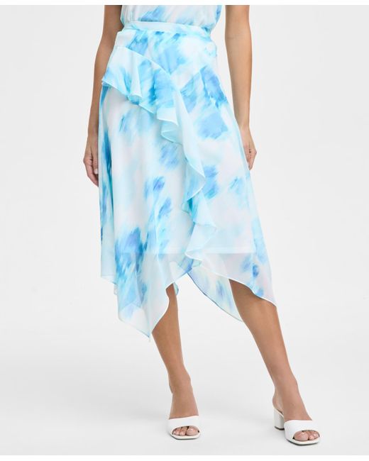 Jones New York Blue Ruffled Chiffon Bias-cut Midi Skirt