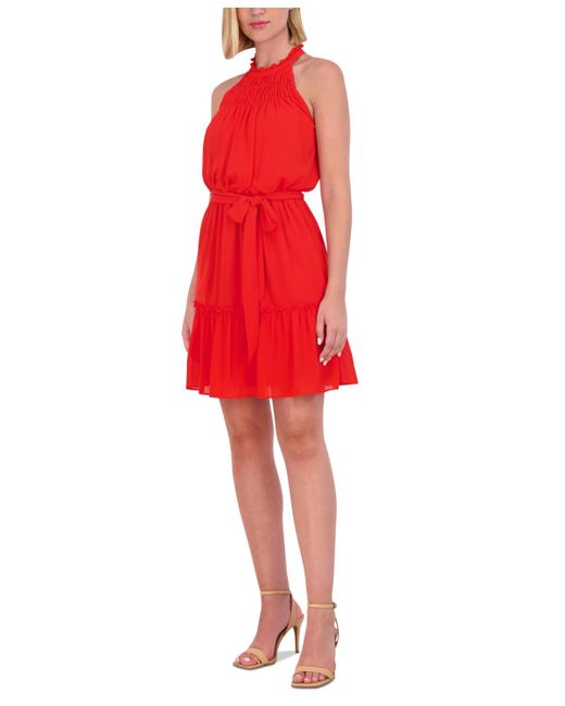 Vince Camuto Red Petite Smocked Halter Fit & Flare Dress