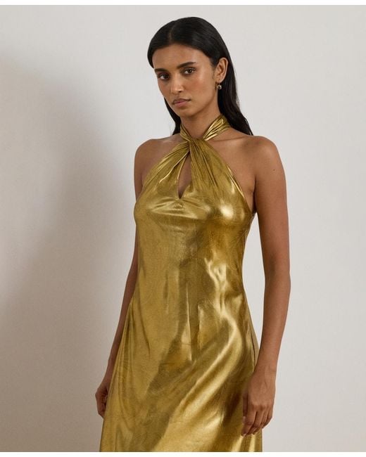 Ralph Lauren Halter Neck Maxi Dress in Metallic | Lyst