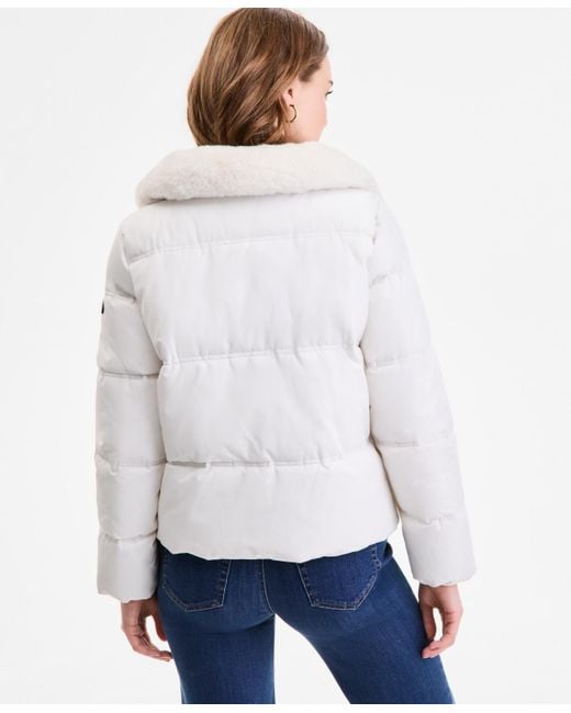DKNY Blue Faux-fur-collar Zip-front Puffer Coat