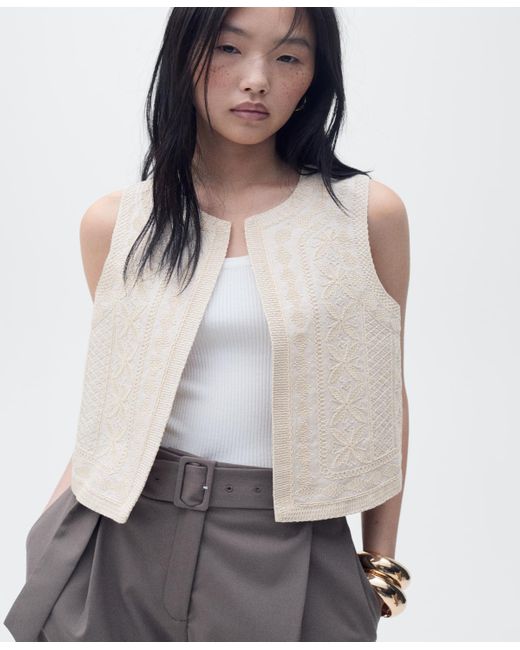 Mango White Embroidered Linen Vest