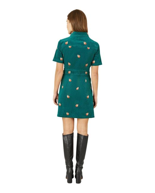 Yumi' Women's Green Fox Embroidered Cord Shirt Dress
