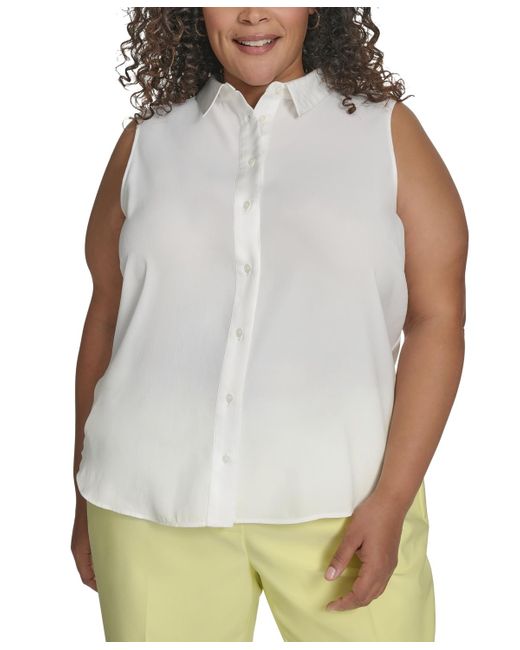 DKNY White Plus Size Button-front Sleeveless Satin Blouse