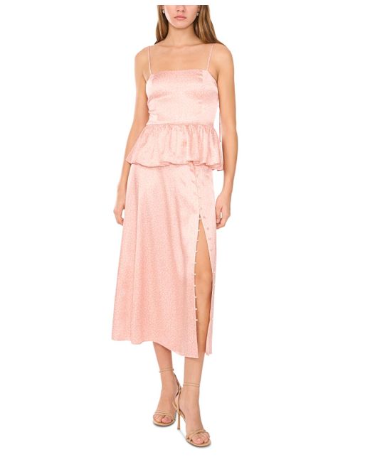 1.STATE Pink Printed Button-trim Midi Skirt