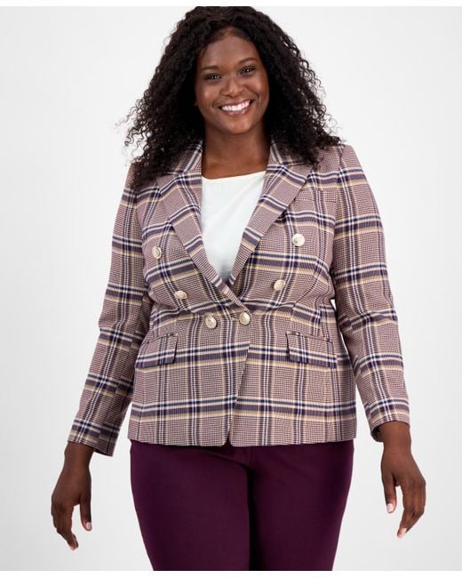 Tahari Women's Purple Plus Size Plaid Print Double-breasted Jacket