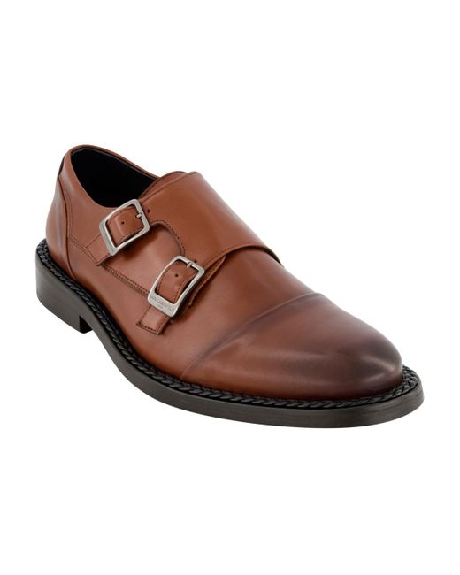 Karl Lagerfeld Brown Leather Double Monk Cap Toe Dress Shoes for men
