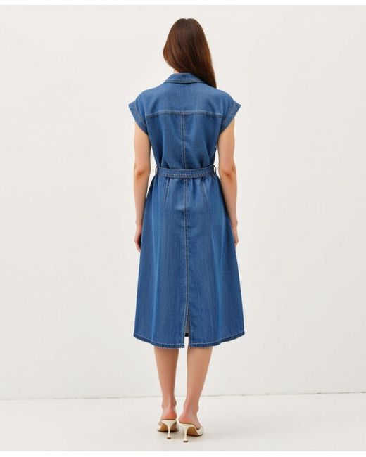 Modenaire Blue Sleeveless Button-front Tie-waist Midi Shirt Dress