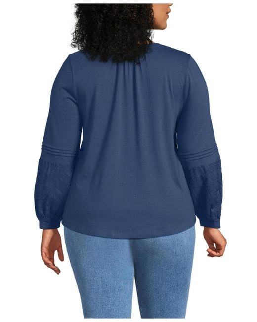 Lands' End Blue Plus Size Lightweight Jersey Lace Mix Long Sleeve Pintuck Top