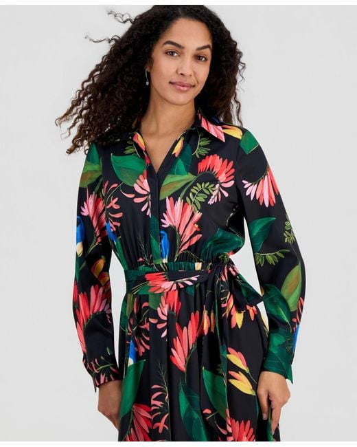 Tahari Floral-print Tie-belt Fit & Flare Dress | Lyst