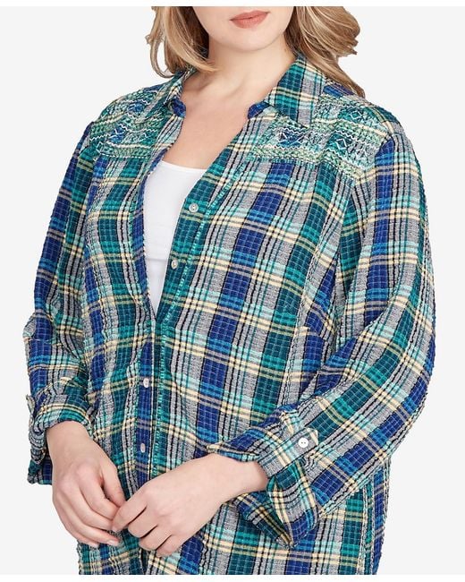 Ruby Rd Blue Plus Size Embroidered Plaid Button Down Top