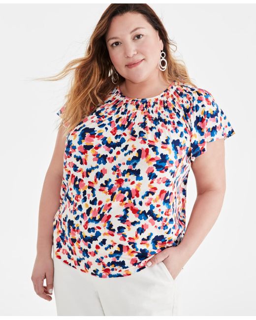 Style & Co. White Plus Size Printed Gathered Scoop-neck Flutter-sleeve Top