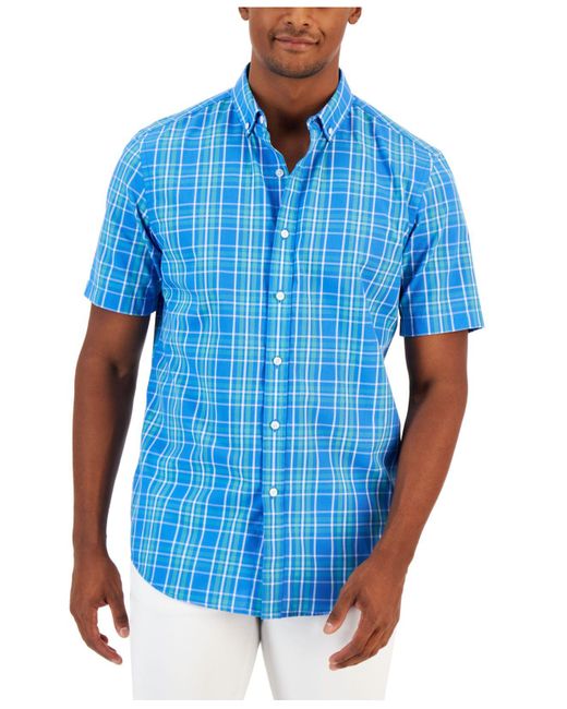 Club Room Cotton Short-sleeve Plaid Shirt, Created For Macy's in Blue ...