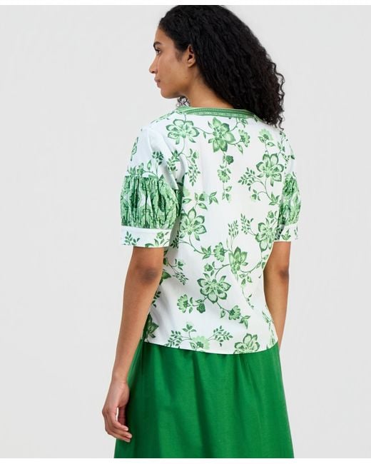 Tahari Green Split-neck Puffed-sleeve Top