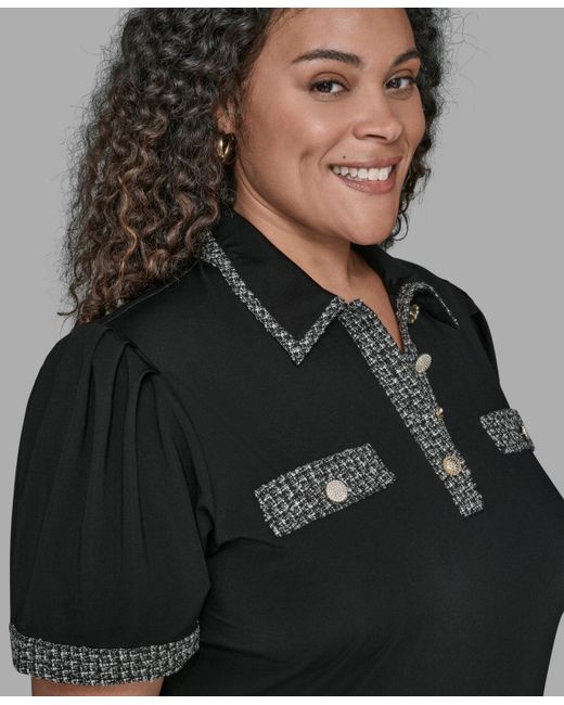 Karl Lagerfeld Black Karl Lagerfield Paris Plus Size Short Sleeves Tweed Trim Knit Top