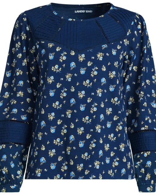 Lands' End Blue Plus Size Long Sleeve Slub Pintuck Top